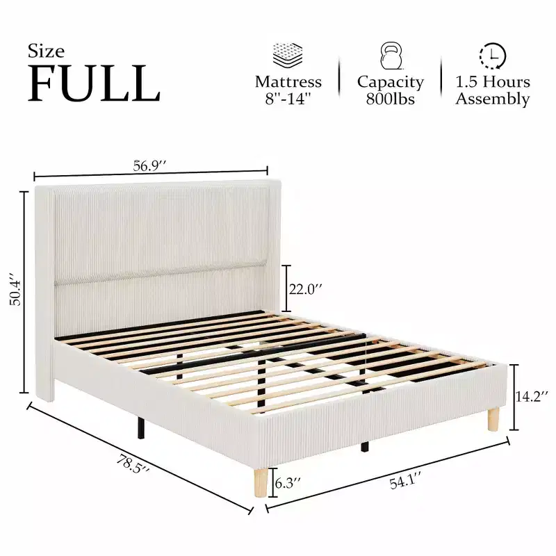 Bed frame, corduroy upholstered with metal trim, support strips with foam padding, upholstered headboard, and protective wings.