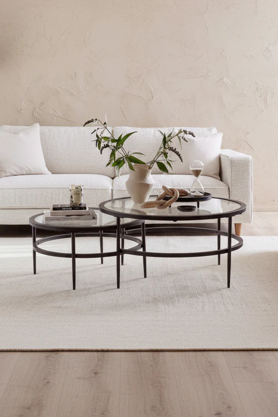 Contemporary Black Glass Metal Nesting Coffee Table with Space-Saving Design for Living Room