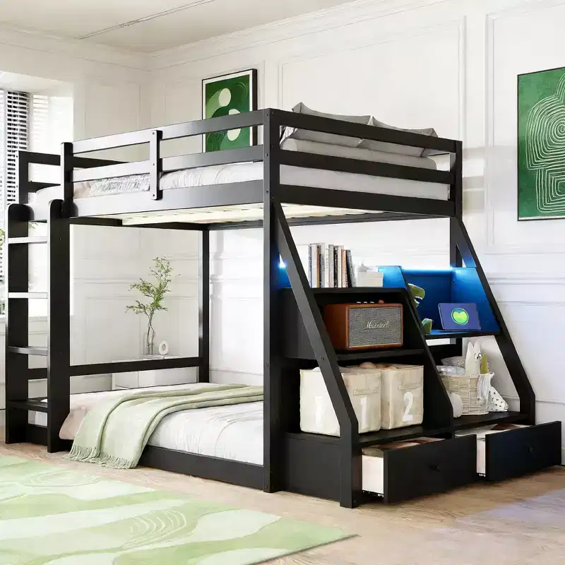 Luxystar Full Bunk Bed with Storage Shelves, 2 Drawers and Lights
