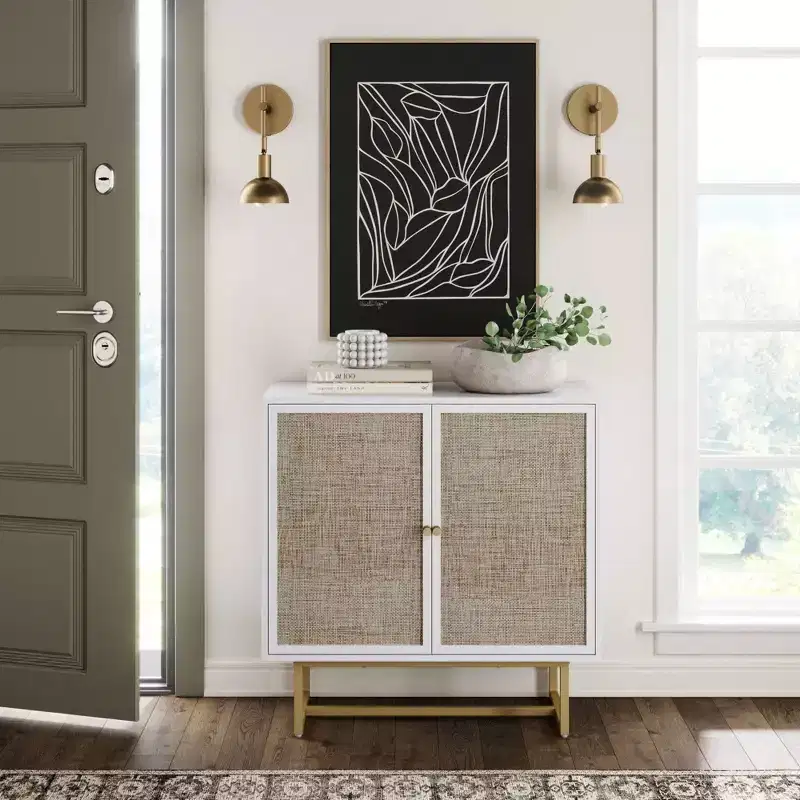 Nathan James Kova Storage Cabinet Textured Rattan White Wood: Oak Surface, Metal Frame, Fixed Shelf, 32" Height