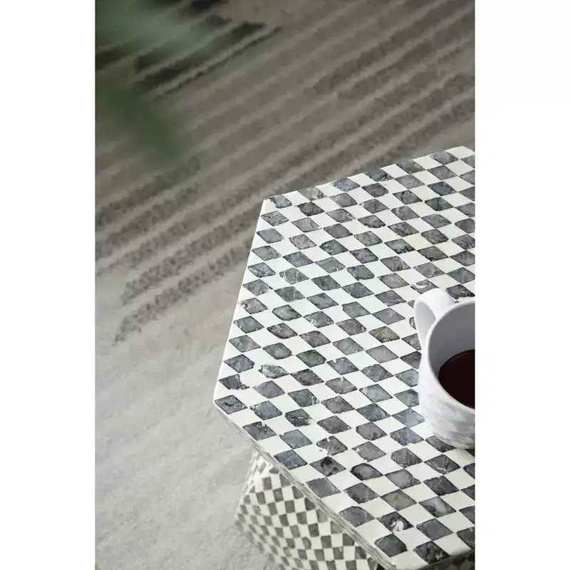 Hexagonal Garden Capiz Stool Accent Table Black White 15x13x17