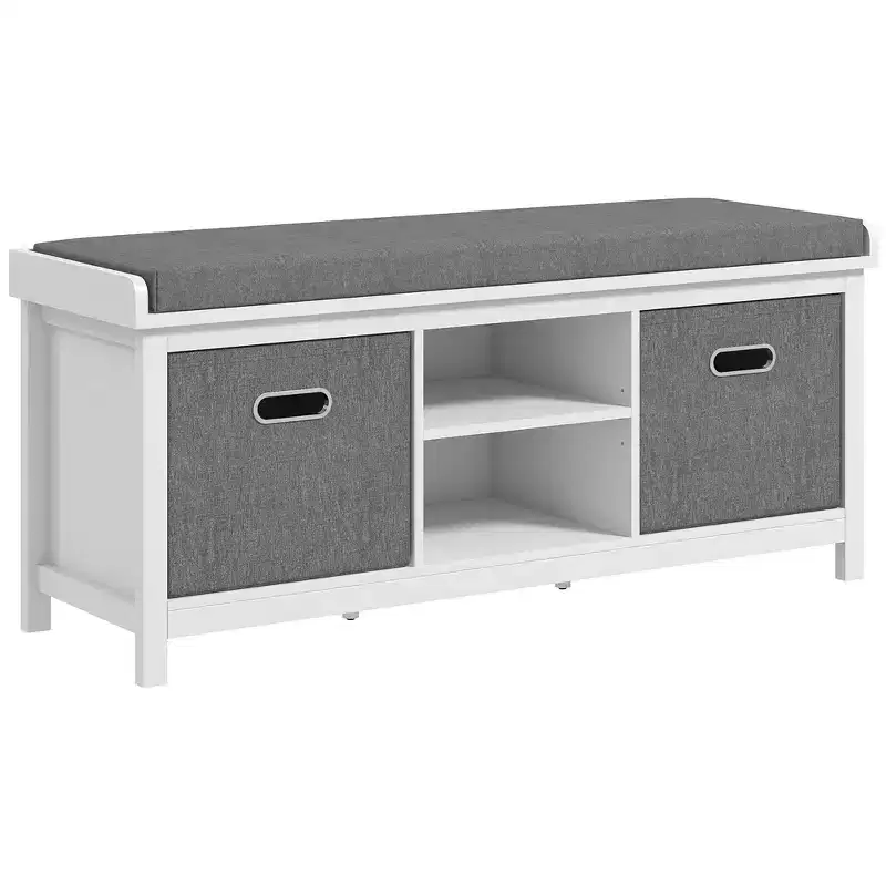 Shoe Bench with Cushion, Storage Bench for Entryway with Padded Seat, 2 Drawers and Adjustable Shelf, White