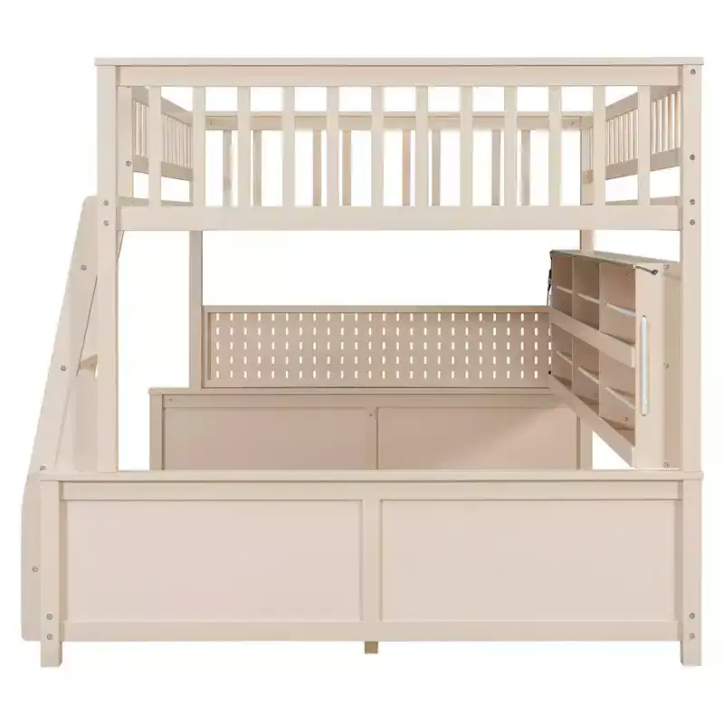 Full Xl Over Queen Low Bunk Bed With Built In Lighted Shelves And Pegboard