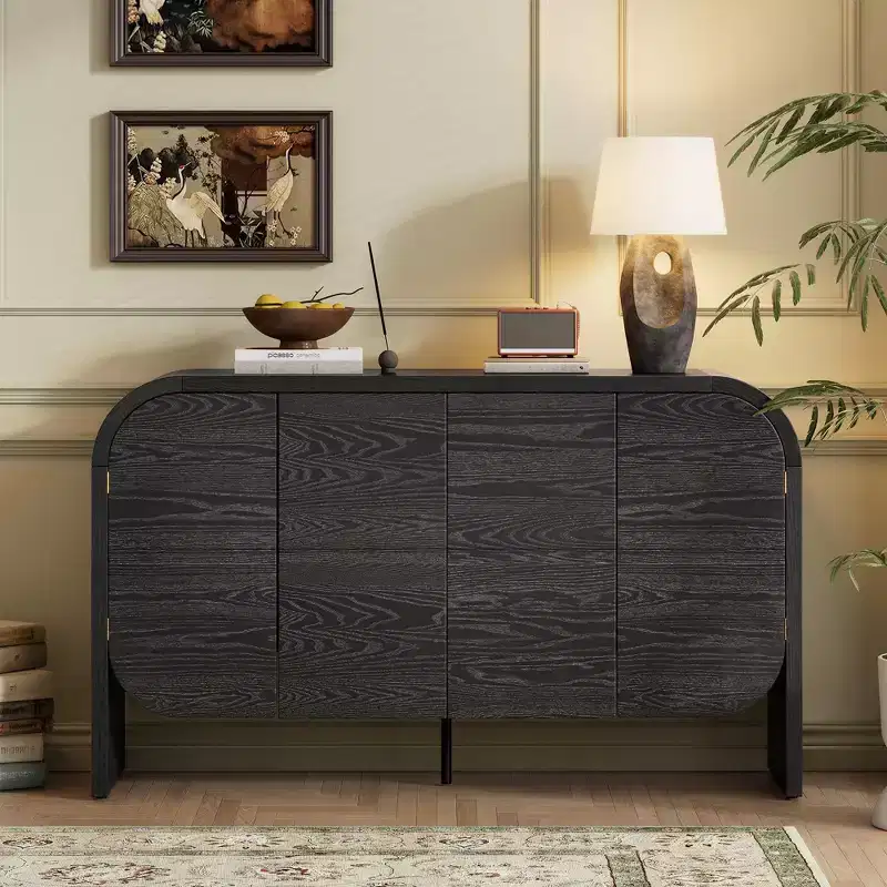 Retro 4-Door Buffet Cabinet with Rounded Corners and Adjustable Shelves, Black