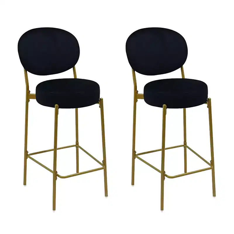 HomeRoots Set of Two 29 Black and Gold Velvet and Metal Low Back Bar Height Bar Chairs