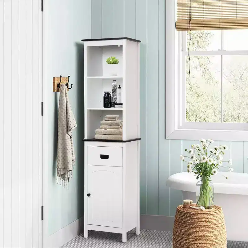 White Wood 63-Inch Tower Bathroom Cabinet