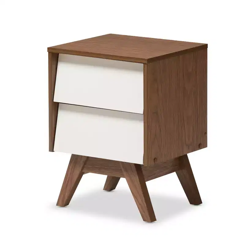 Mid-Century Modern Wood 2-Drawer Storage Nightstand with Splayed Legs