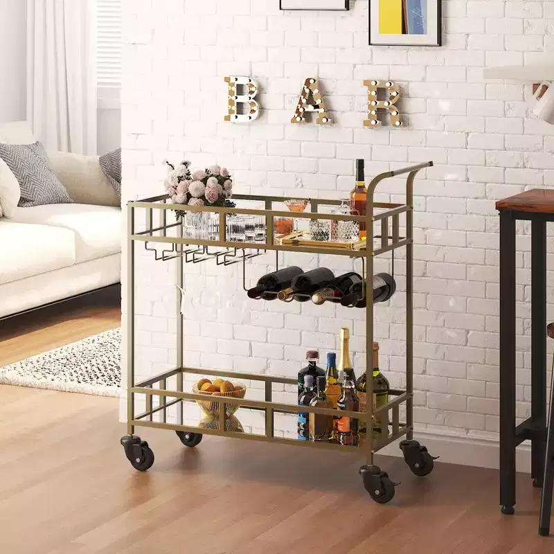 2-Tier Portable Bar Cart with Mirrored Shelves, Rolling Service Trolley with Wine Rack, Glass Holder, Beverage Serving for Home, Dining & Living Room