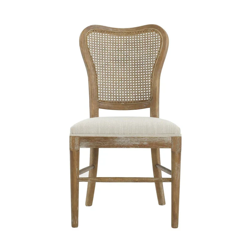 Farmhouse-style rubberwood dining chairs with rattan backrests (two chairs per set).