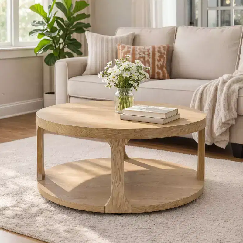 Farmhouse Round Wood Coffee Table with 2-Tier Storage Shelf