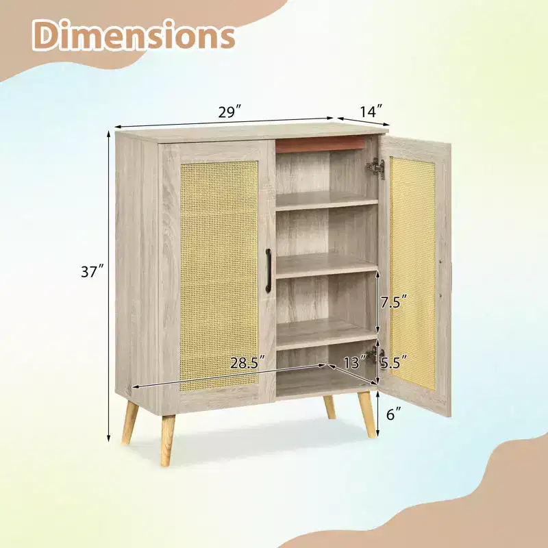 Costway Rattan Shoe Cabinet with 3 Removable Shelves,5-Tier Narrow Cabinet Wood Legs, Walnut/Natural