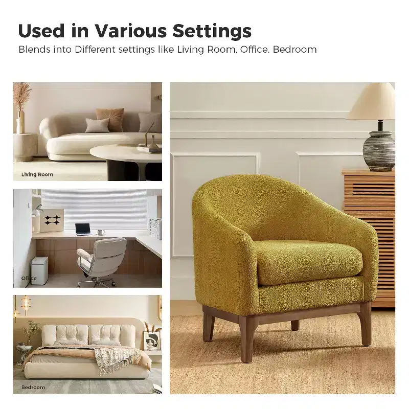 Boucle Barrel Armchair Set of 2 Solid Wood Legs High-Density Foam Dual-Sided Cushion