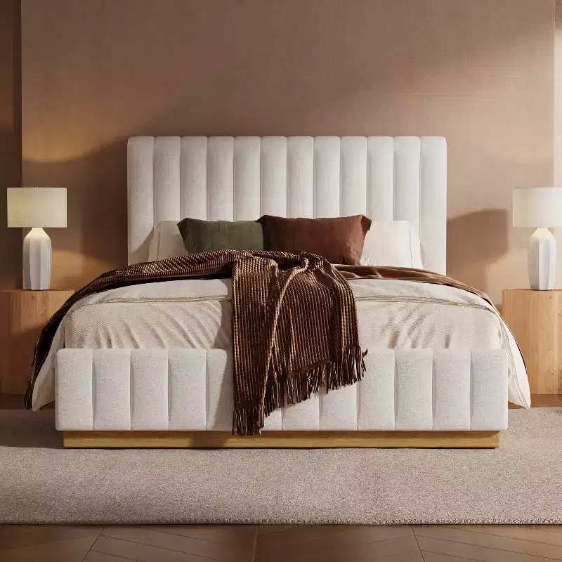 Modern Linen Upholstered Platform Bed Frame with Vertically Stitched Thick Headboard