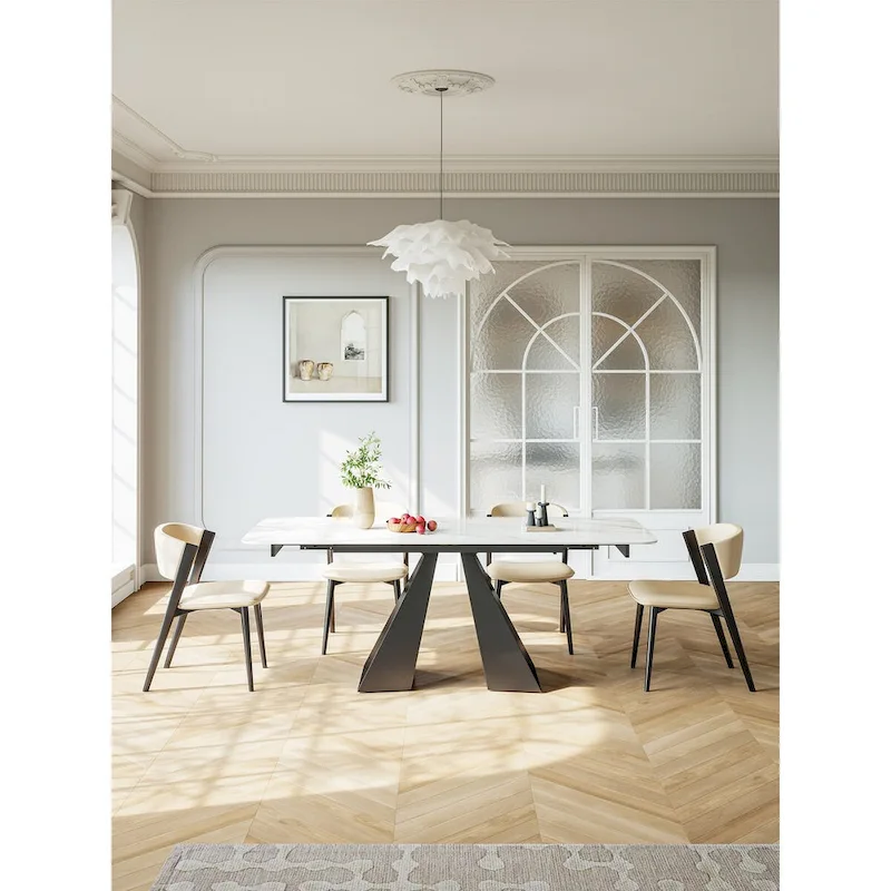 Rectangular Extendable Dining Table with Stone Top and Metal Base
