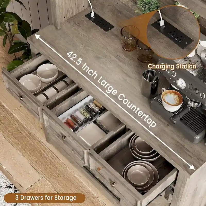 Modern Farmhouse Coffee Bar Cabinet with LED Lights & Power Outlets, Kitchen Cabinet