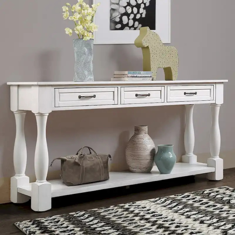Solid Wood Console Table with 3 Drawers and Bottom Shelf - 63W