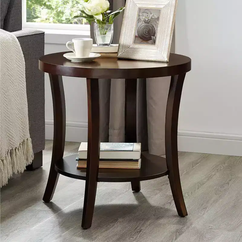 Modern Round Wooden 2-Tier End Table with Underneath Shelf and Curved Legs