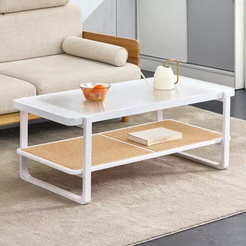 2-Tier Wood Coffee Table with Glass Top & Rattan-Style Edge, for Living Room or Bedroom