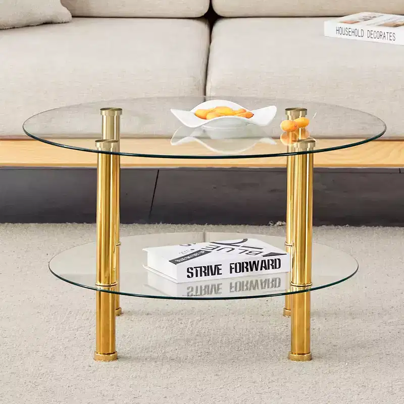 27.5 Contemporary Minimalist Double Layer Tempered Glass Coffee Table, Gold Plated Stainless Steel Legs with Storage