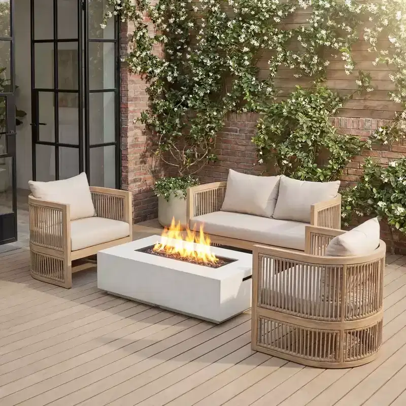 Christopher Knight Home Carolina 4 Piece Boho Outdoor Acacia Wood Rope Seating Set with Lightweight Concrete Firepit Table