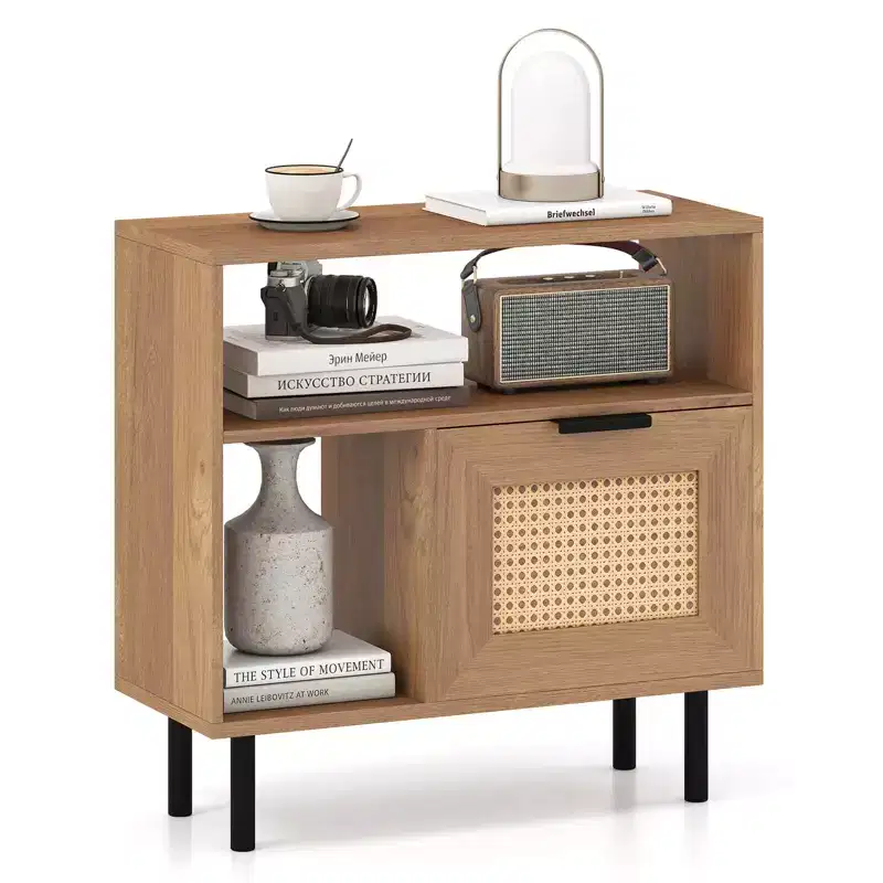 Boho Rattan Nightstand Wooden End Table with Storage Shelf Cabinet & Metal Legs