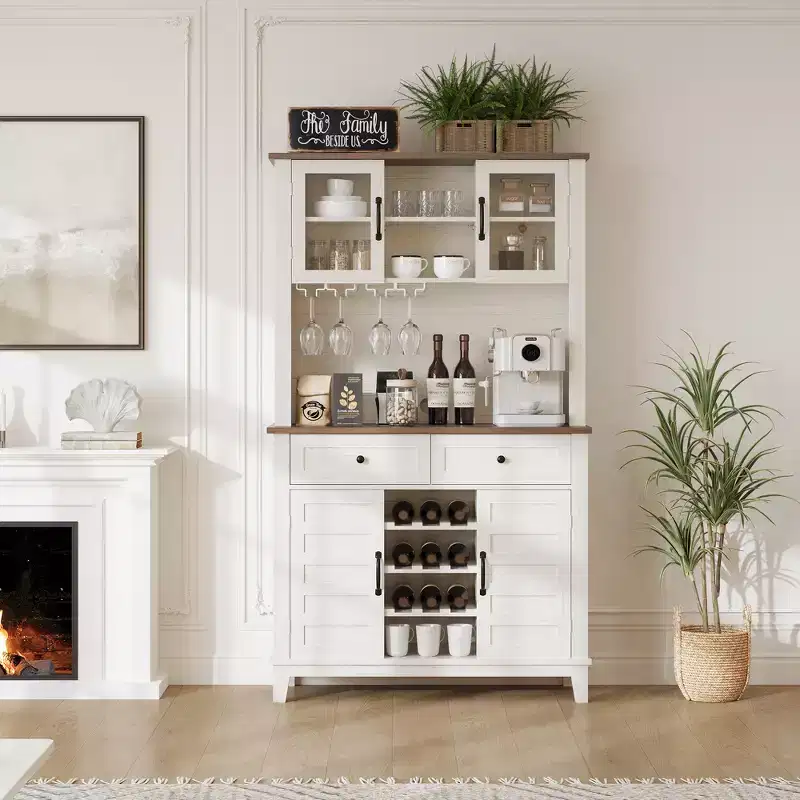 72 Farmhouse Bar Cabinet - Wine Storage w/9 Bottle Rack, 4 Glass Holder & Adjustable Shelf, White
