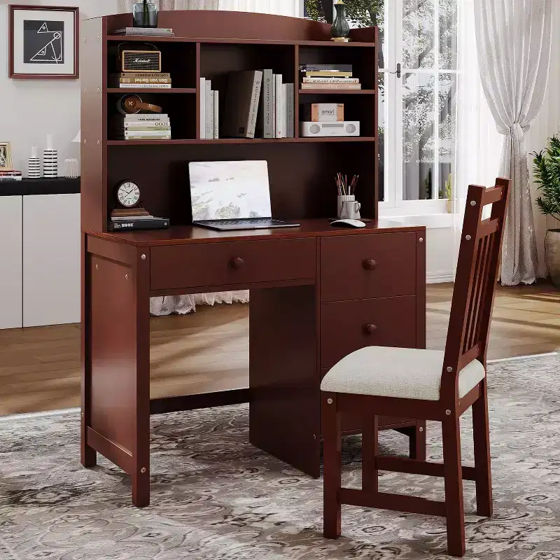 Okak Modern Home Office Wooden Computer Desk with Desktop/Chair & Bookshelf,Teens Student Storage Writing Desk for Study,Office