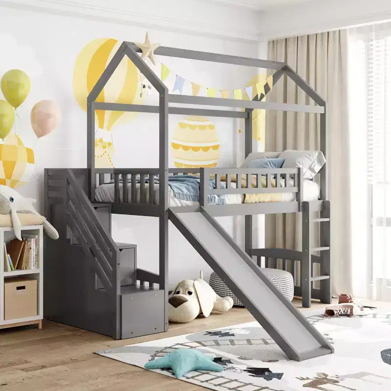 Twin House Loft Bed with Slide and Stairs, Loft Bed with Storage Drawers, Wood Cabin Loft Bed for Kids Toddlers