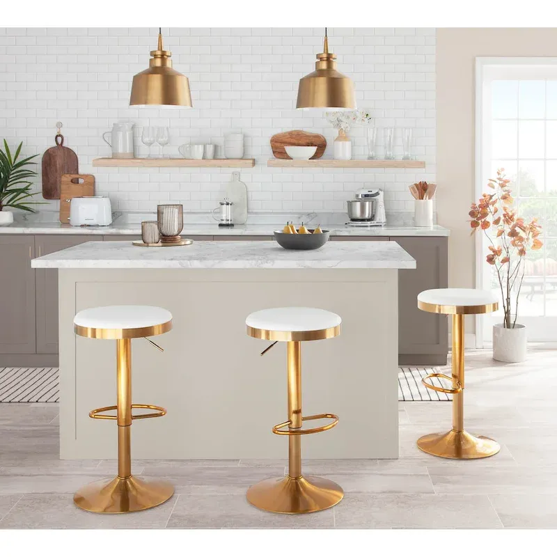 Lumisource Dakota Barstool in Gold Steel and White Leather - Set of 2 - 15Lx15Wx23-31.75H