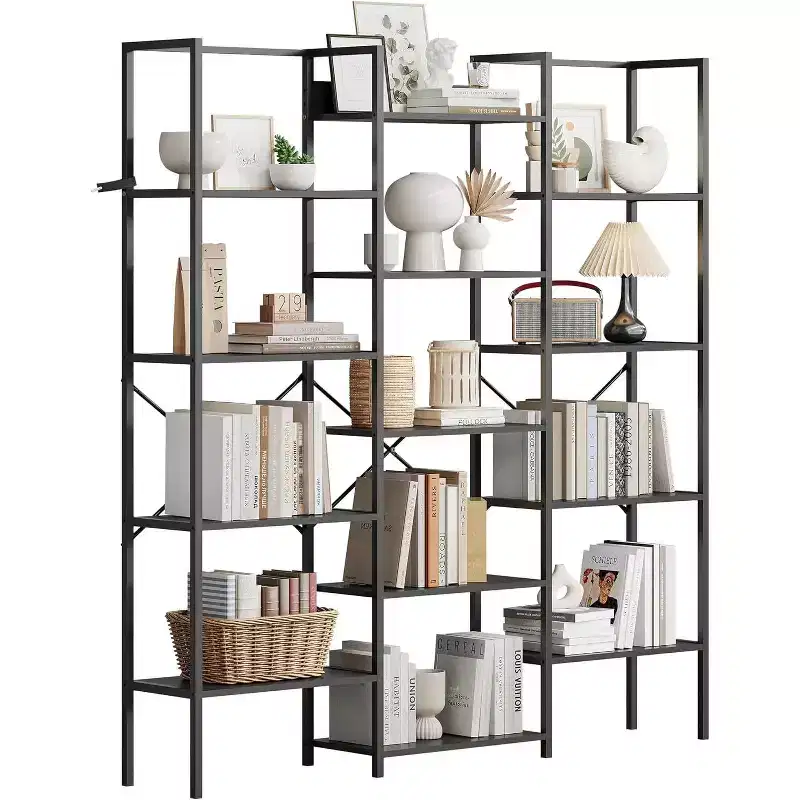 Triple Column 5-Tier Bookshelf, 14 Adjustable Display Shelves, Wide Industrial Bookcase for Living Room, Office, Rustic Brown