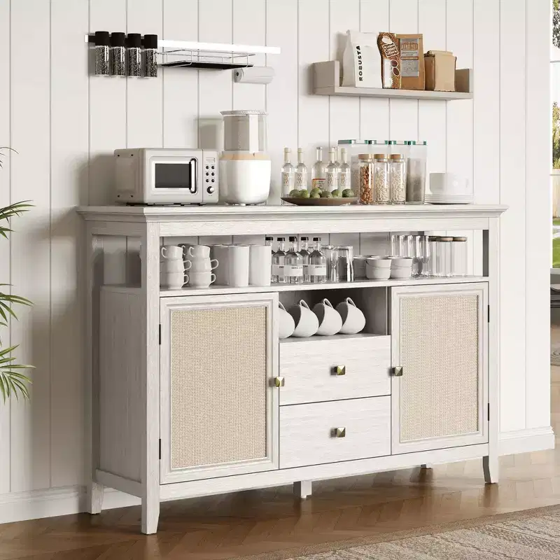Farmhouse Rattan Storage Cabinet, Doors & Drawers, Adjustable Shelves, Off-White