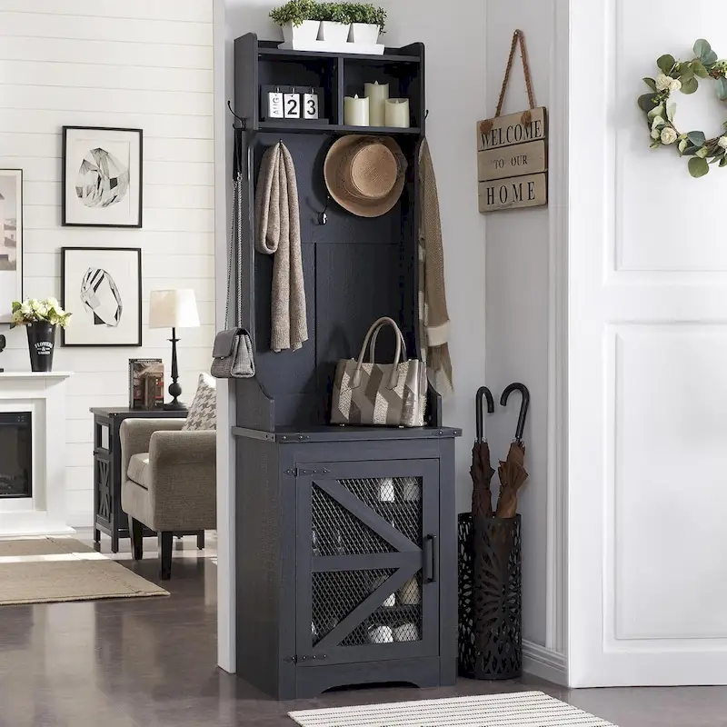 Black / Brown / White Farmhouse Hall Tree with Shoe Cabinet & Coat Hooks, Single-Seat Entryway Bench