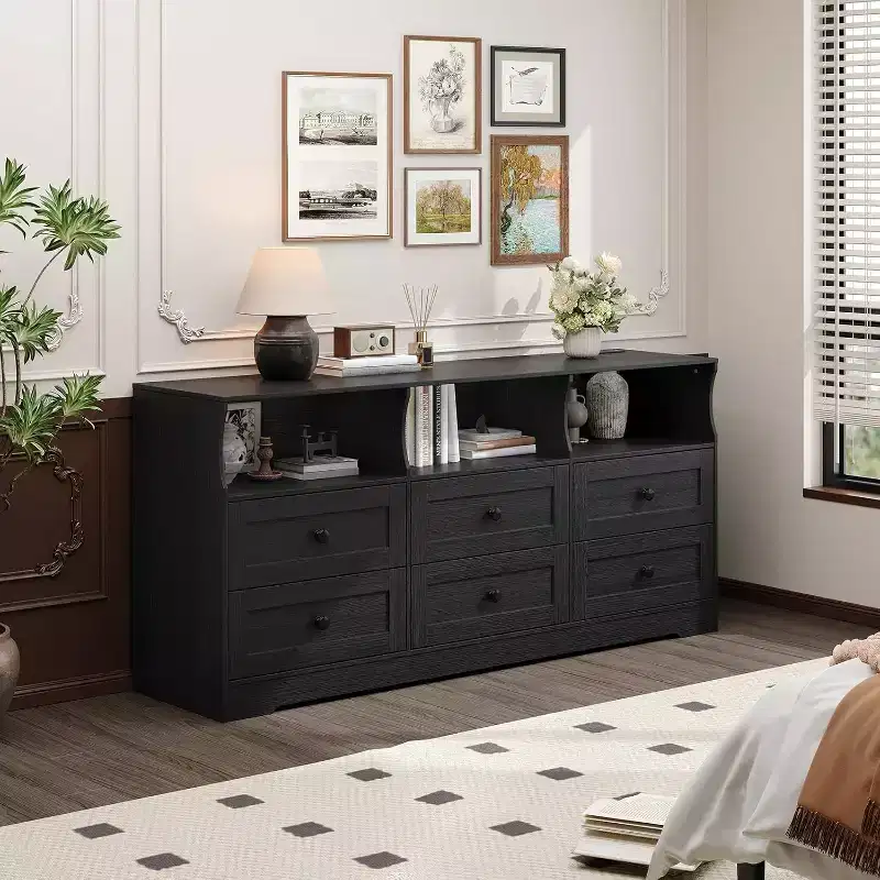 6 Drawer Dresser for Bedroom, 62.9in Slim Wooden Chest of Drawers with Open Shelf, Skinny Dresser for Nursery, Apartment, Closet Organization