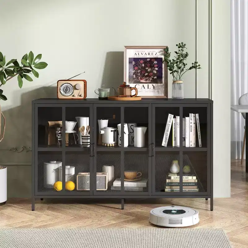 Okak Buffet Cabinet with Storage, Tall Sideboard with Glass Doors & Adjustable Shelves, Pantry Cabinet Cupboard for Kitchen Dining Room