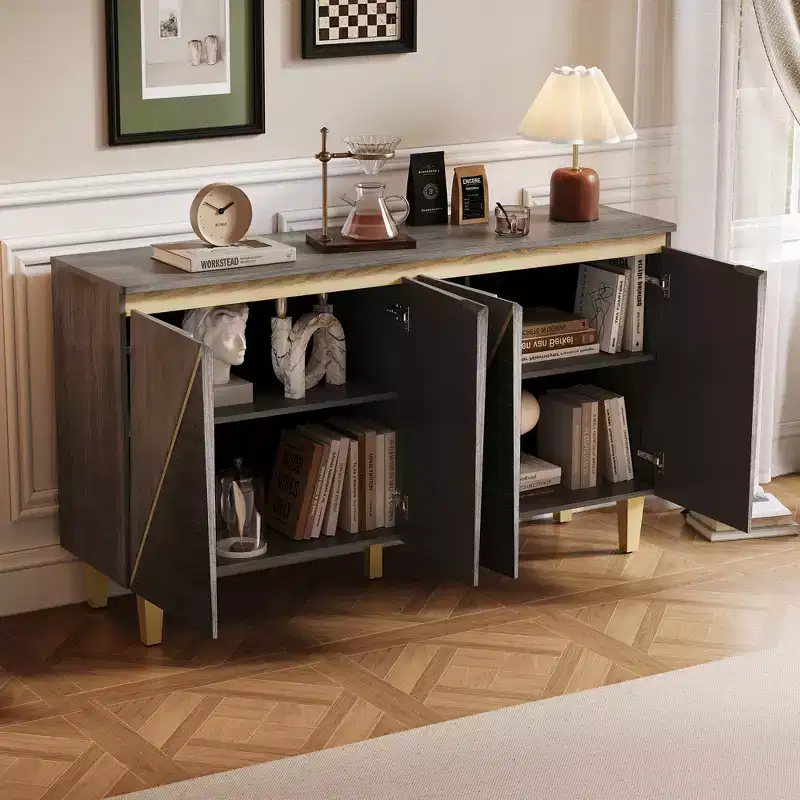 60 Buffet Cabinet with Storage, Vintage 4-Door Sideboard with Adjustable Shelves, Coffee Bar Cabinet