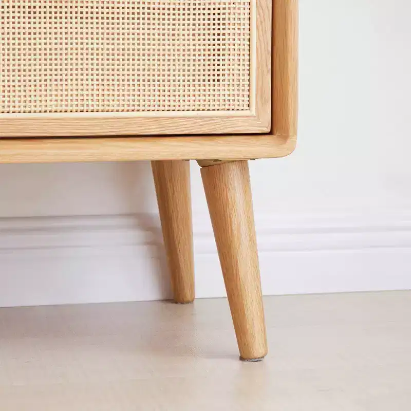 Solid Oak Wood & Rattan Nightstand with Two Drawers, 21.26H Bedside Table