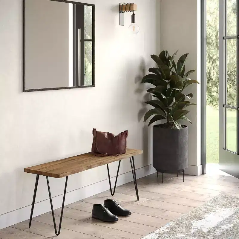 Industrial Rustic Mango Wood Bench with Hairpin Legs - Natural Finish