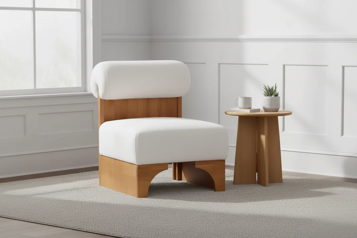 Boucle Accent Chair with Rolled Backrest & Solid Wood Base