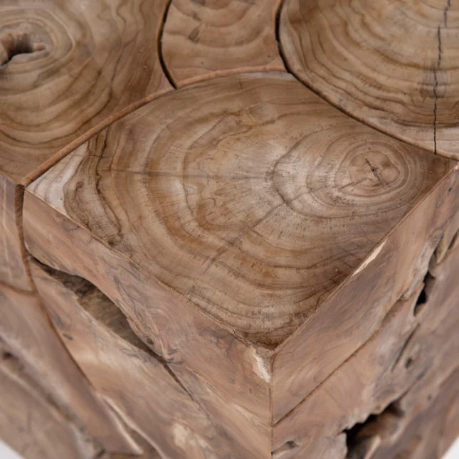 Artisan Reclaimed Teak Wood Side Table with Square Puzzle-Pieced Top & Natural Finish for Living Room