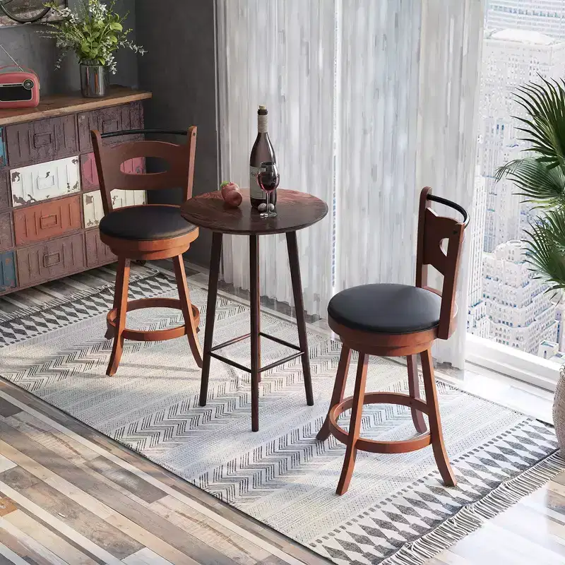 Costway Set of 2 Bar Stools 360 Swivel Dining Chairs Solid Rubber Wood Leather Padded Seat Counter Height