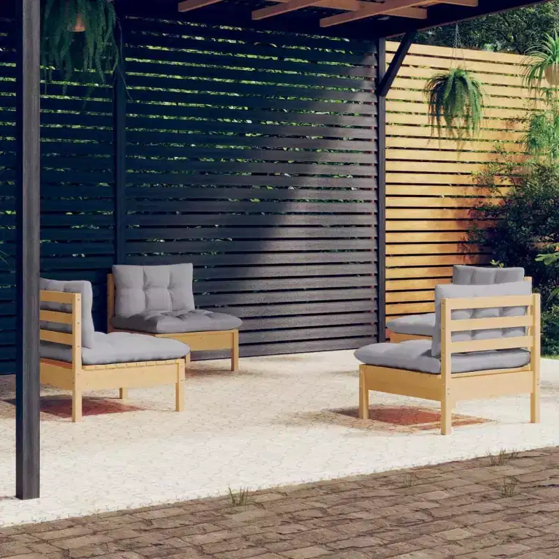 vidaXL Solid Pinewood Patio Lounge Set 4 Piece with Cushions - Brown and Gray