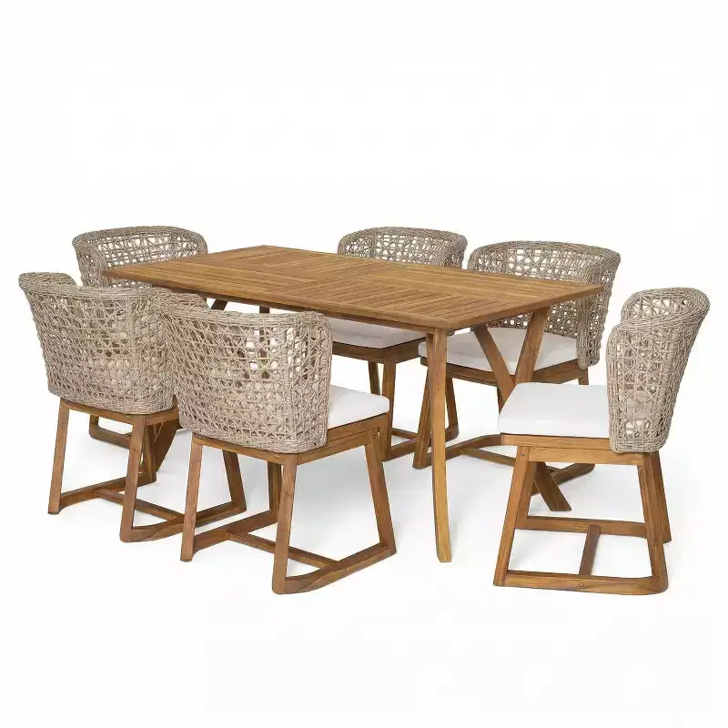 Christopher Knight Home Priya Modern 7 Piece Acacia Patio Dining Chairs with Natural Wicker and Slatted Table
