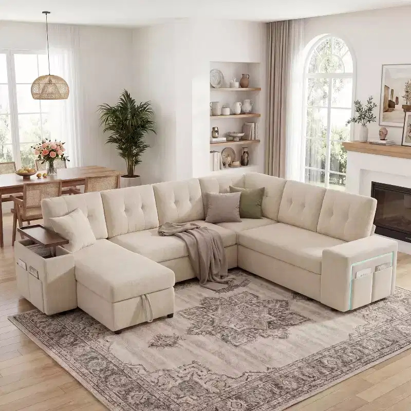 Dyonery 112 Modular Sectional Sleeper Sofa with Pull Out Bed,U-Shaped Sectional Couch with Storage,Extra Wide & Deep Seat Couches for Living Room