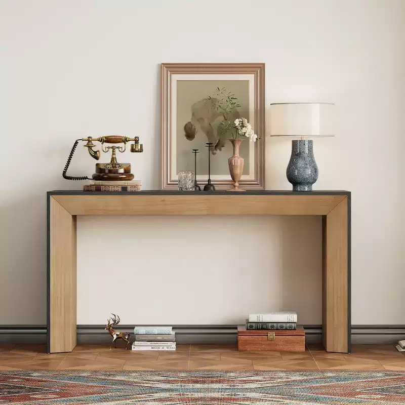 Modern Console Table & Entryway Table, Sturdy Sofa Table with Fireplace Design, Wood Veneer Top