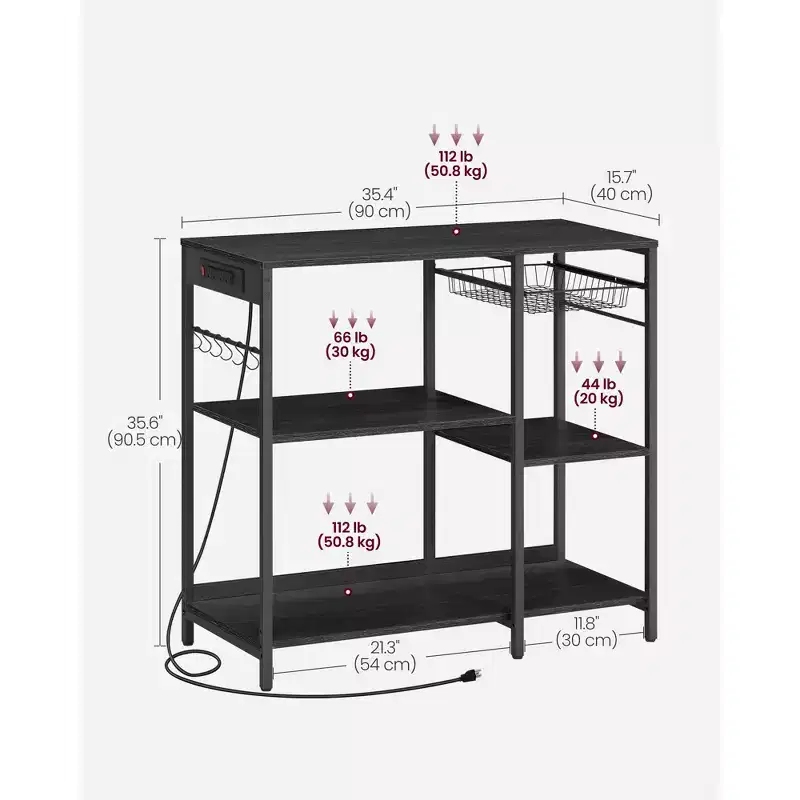 Baker's Rack Coffee Bar Stand with Charging Station, Pull-Out Wire Basket & Adjustable Shelves, 400 lbs
