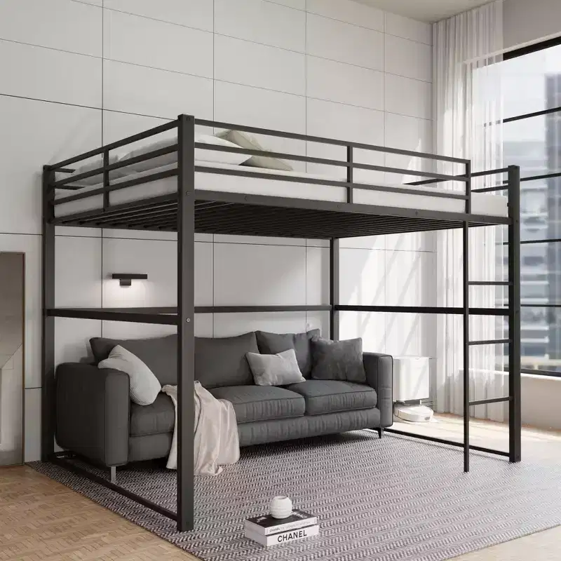 Metal Loft Bed Full Size, Loft Bed Frame with Safety Guard Rails & Flat Ladder, Twin Loft Bed for Kids Teens Adults