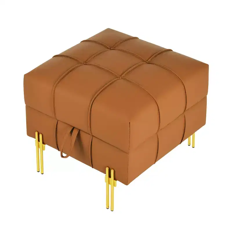 22 Inches Anti-scratch Leather Storage Ottoman, Pet Friendly Entryway Bench with Golden Stainless Steel Legs, Orange