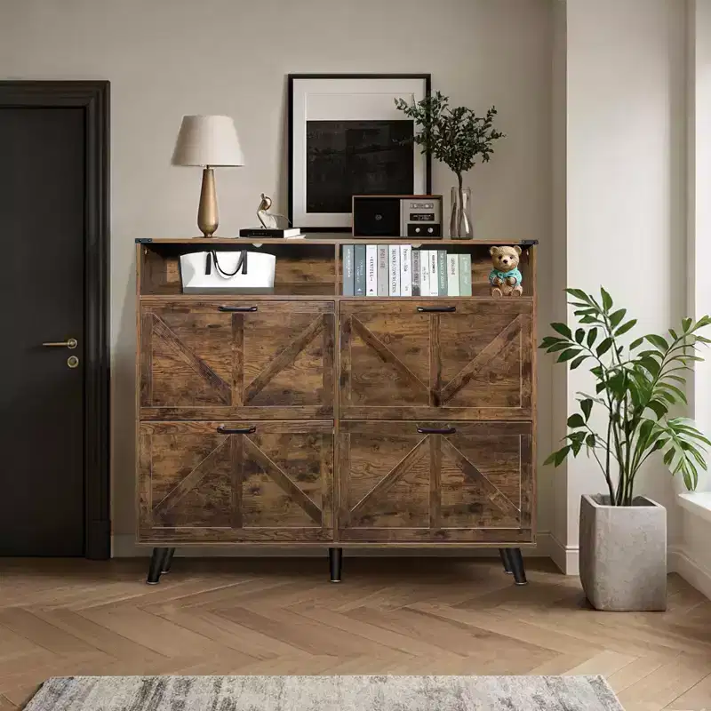 Shoe Storage Cabinet, Farmhouse Shoe Organizer with 4 Flip Drawers and Barn Door Design