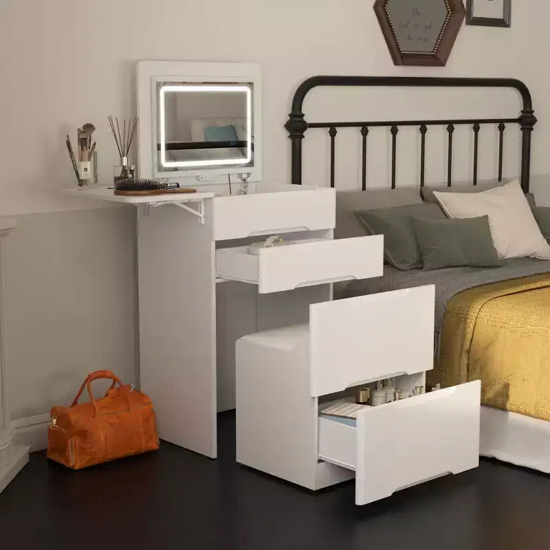 Famapy White Foldable Storage Vanity - Compact Makeup Table with Organization