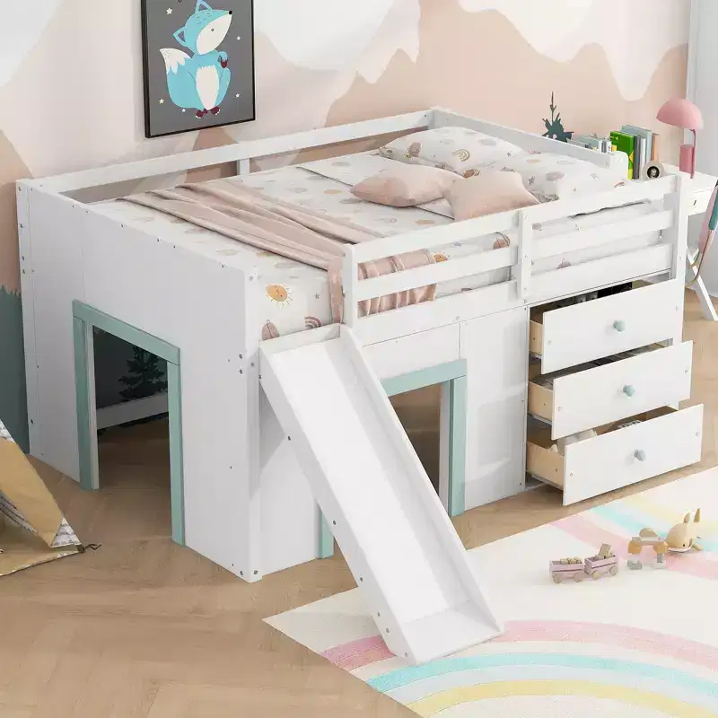 Full Size Low Loft Bed with Slide and 3 Storage Drawers - Pine & MDF, White, 500 lb Capacity